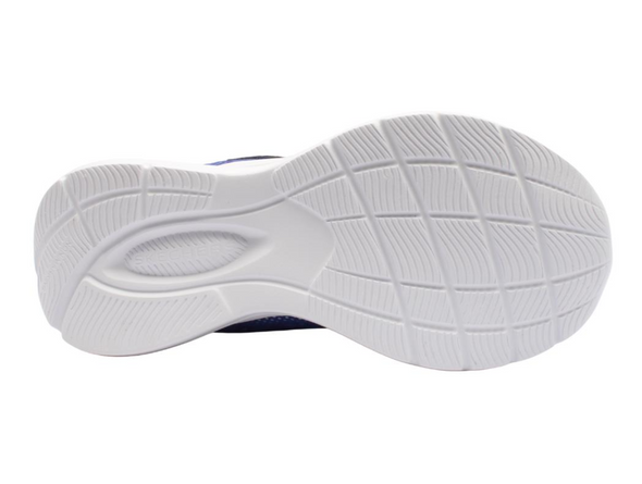 Skechers 303380L Jumpsters 2.0 - Butterfly Flush - Navy Multi laced sneaker, Velcro strap with cut-out butterfly design on a white background sole view