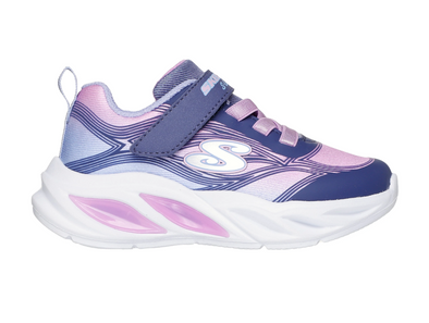 Skechers 303712N S-Lights: Cosmic Glow - Navy Multi sneaker, laced with Velcro strap on a white background 