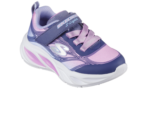 Skechers 303712N S-Lights: Cosmic Glow - Navy Multi sneaker, laced with Velcro strap on a white background upper view