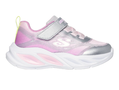 Skechers 303712N S-Lights: Cosmic Glow - Silver Multi laced sneaker with a Velcro strap in outer view