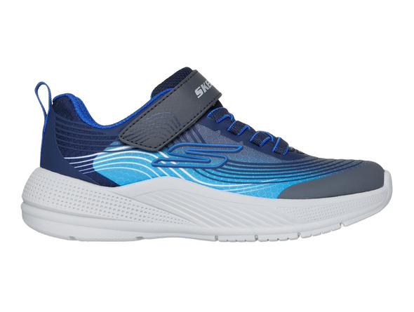 Skechers 403926 Microspec Advance - Navy Blue laced sneakers with a Velcro strap and white sole on a white background. 