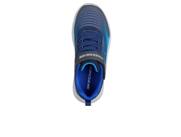 Skechers 403926 Microspec Advance - Navy Blue laced sneakers with a Velcro strap and white sole on a white background top view