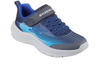 Skechers 403926 Microspec Advance - Navy Blue laced sneakers with a Velcro strap and white sole on a white background upper view