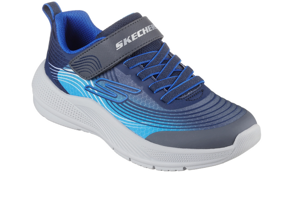 Skechers 403926 Microspec Advance - Navy Blue laced sneakers with a Velcro strap and white sole on a white background upper view