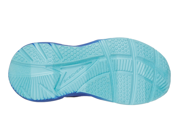 Skechers 404040L Tidal-Tech - Blue Multi sneaker, laced with a Velcro strap on a white background sole view