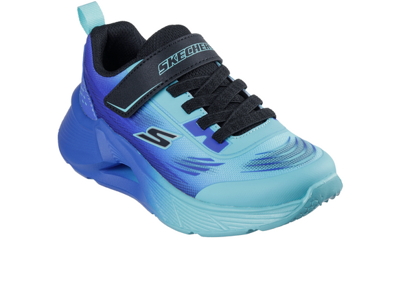 Skechers 404040L Tidal-Tech - Blue Multi sneaker, laced with a Velcro strap on a white background upper view