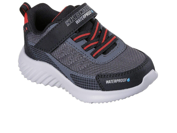 Skechers 406338N Waterproof: Bounder - Venture Squad - Black Charcoal sneaker with red accents on a white background