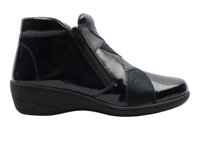Softmode Clara 6474 - Navy patent ankle boot with outer and inner zip on a white background