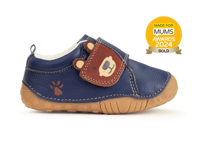Startrite Bear Hug 0824-9 - Navy kids shoe with Bear face and paw print, Made for Mums Awards 2024 Gold sticker on a white background.