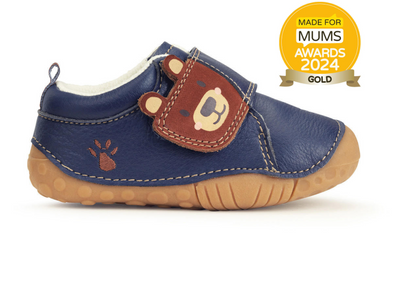 Startrite Bear Hug 0824-9 - Navy kids shoe with Bear face and paw print, Made for Mums Awards 2024 Gold sticker on a white background.