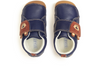 Startrite Bear Hug 0824-9 - pair of Navy kids shoes with Bear face and paw print paw detail, with a wide Velcro strap on white background. 