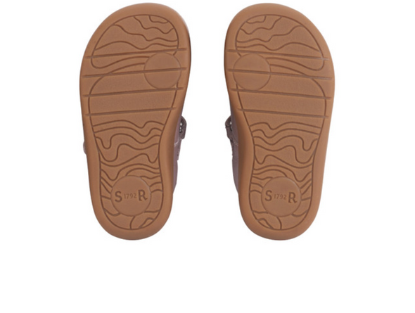 Startrite Eternal 0850-5 - Pearlised Blush t-bar shoe, view of rubber sole with flex grooves on white background