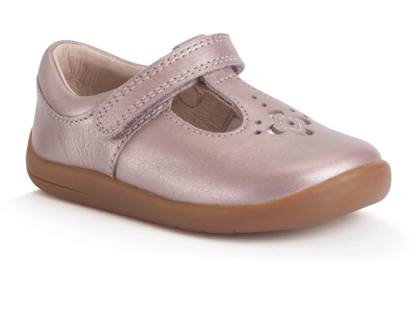 Startrite Eternal 0850-5 - Pearlised Blush t-bar shoe, punched floral design with gum rubber sole on white background