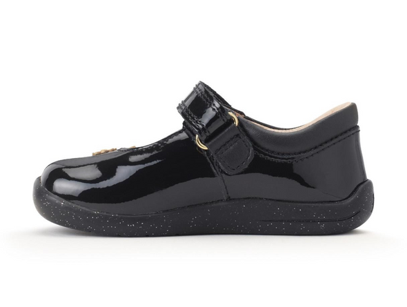 Startrite Fairy Tale 0780-3 - Black patent shoe with a hook and loop buckle on a white background.