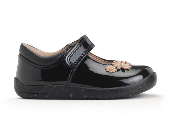 Startrite Fairy Tale 0780-3 - Black patent shoe with floral design and a Velcro strap on a white background.