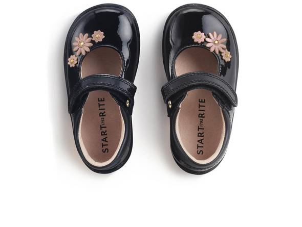 Startrite Fairy Tale 0780-3 - pair of Black patent shoes with floral design and a Velcro straps on a white background. 