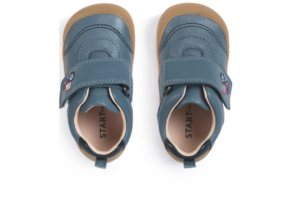 Startrite Harvest 0844-2 kids shoe in Denim Blue with tractor motif, Velcro strap and rubber sole on a white background top view