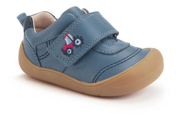 Startrite Harvest 0844-2 kids shoe in Denim Blue with tractor motif, Velcro strap and rubber sole on a white background upper view