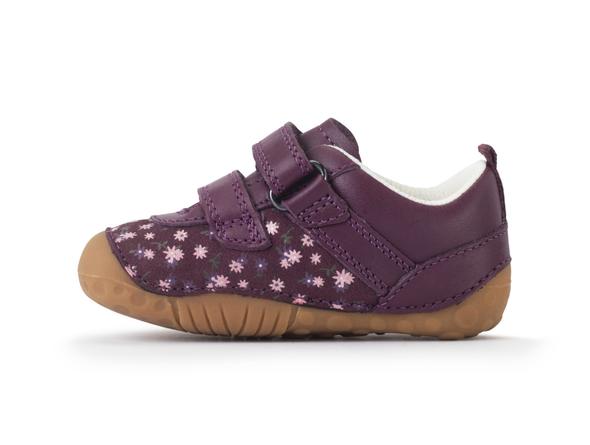Startrite Little Smile 0823-18 - Burgundy floral baby shoe with Velcro straps and a rubber sole on a white background inner view