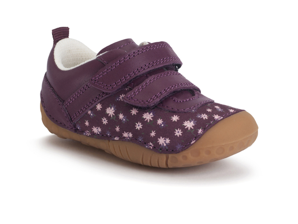Startrite Little Smile 0823-18 - Burgundy floral baby shoe with Velcro straps and a rubber sole on a white background 
