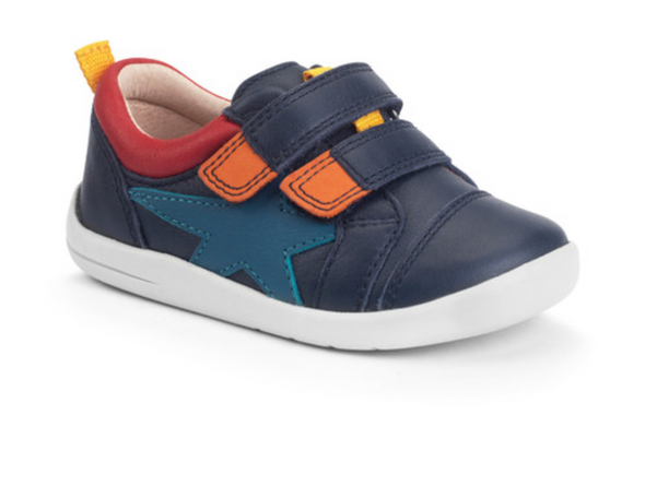 Startrite Playhouse Star 0854-19 shoe in Navy with star detail. double Velcro straps and white sole on white background upper view