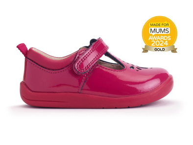 Startrite Puzzle 0779-18 - Cherry Red t-bar shoe with Gold  Made for Mums award 2024 sticker on white background