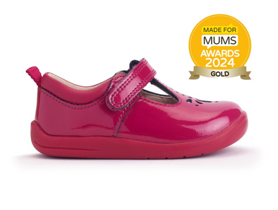 Startrite Puzzle 0779-18 - Cherry Red t-bar shoe with Gold  Made for Mums award 2024 sticker on white background
