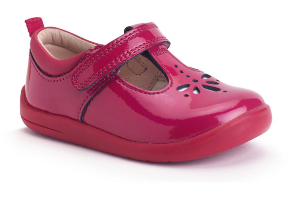 Startrite Puzzle 0779-18 - Cherry Red t-bar shoe with Velcro strap and punched detail on white background