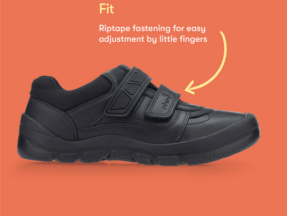 Startrite Rhino Warrior-8237-7 - Black school shoe with two Velcro straps on orange back ground
