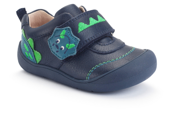 Startrite Tread 0843-9 - Navy baby shoe with dinosaur detail and Velcro strap upper view