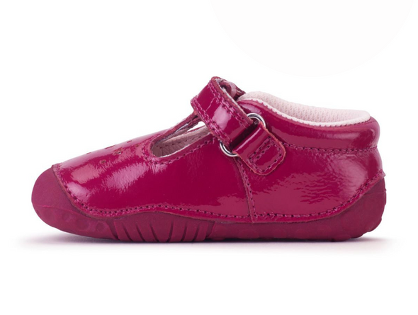 Startrite Tumble 0761-8 - Cherry Red baby shoe in red patent leather with a Velcro strap and star cut out detail on a white background inner view