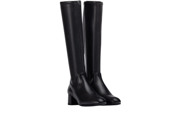 Unisa LAPES_F25_STT_STN - pair of Black knee high boots with a square toe, 5 cm block heel and full length inner zip on a white background front view