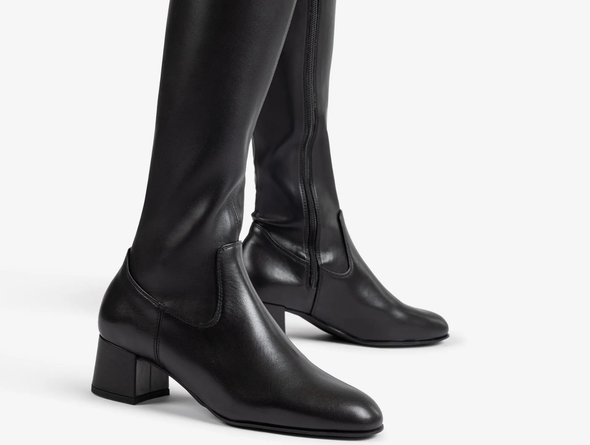 Unisa LAPES_F25_STT_STN - pair of Black knee high boots with a square toe, 5 cm block heel and full length inner zip on a white background. 