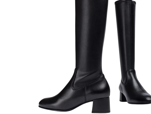Unisa LAPES_F25_STT_STN - pair of Black knee high boots with 5 cm block heel and full length inner zip on a white background. 