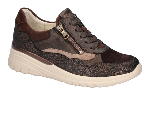 Waldläufer 927003-600-355 H-Carla - Dark Brown Nougat laced sneaker with a side zip on a white sole on a light cream sole on a white  background upper view