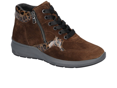 Waldläufer 831802 500 277 - Brown  suede laced ankle boot with side zips and leopard print accents on a white background