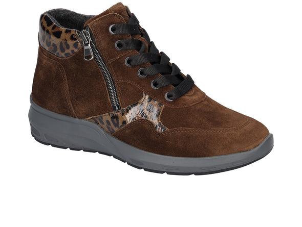 Waldläufer 831802 500 277 - Brown  suede laced ankle boot with side zips and leopard print accents on a white background