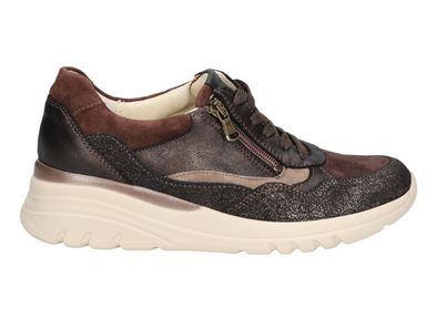 Waldläufer 927003-600-355 H-Carla - Dark Brown Nougat laced sneaker with a side zip on a white sole on a light cream sole on a white  background
