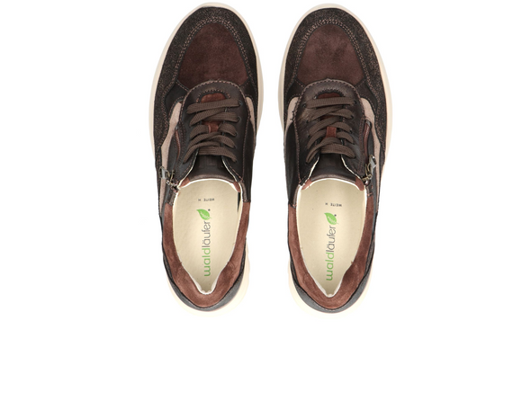 Waldläufer 927003-600-355 H-Carla - Dark Brown Nougat laced sneaker with a side zip on a white sole on a light cream sole on a white  background top view