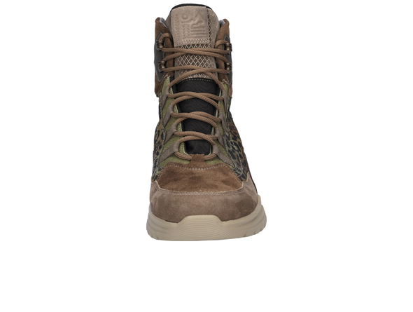 Waldläufer 968971 981 865 - Olive Brown high-top sneaker boot with camouflage pattern on a white background