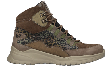 Waldläufer 968971 981 865 - Olive Brown  high-top sneaker boot with leopard print accents on a white background