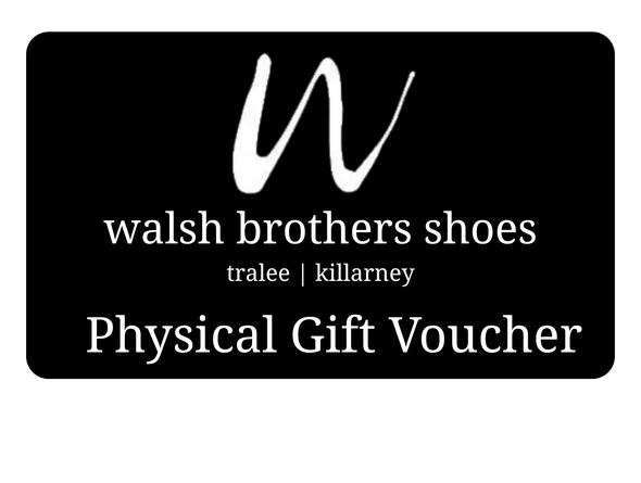 Gift voucher for Walsh Brothers Shoes with a black background and white text.